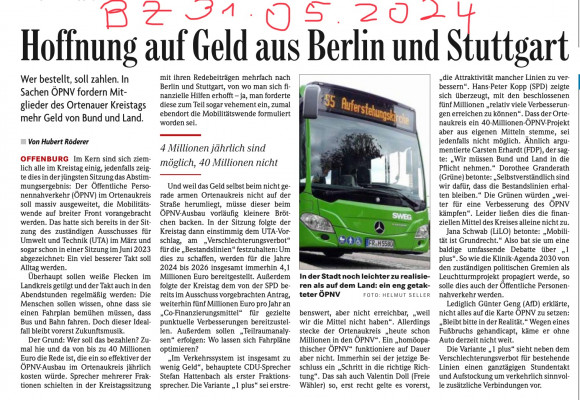 Mitglieder des Kreistags fordern mehr Geld von Bund und Land in Sachen OePNV BZ 31. Mai 2024