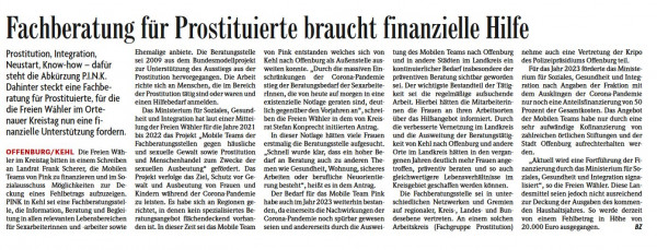 Freie Waehler im Ortenauer Kreistag fordern eine finanzielle Unterstuetzung fuer P.I.N.K. BZ 3. Januar 2024 JPG